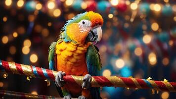 A vibrant parrot perched on a colorful railing with festive lights in the background. photo