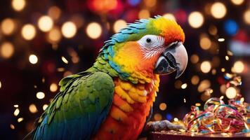 A colorful parrot amidst festive decorations and sparkling confetti. photo