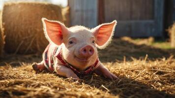 A cute piglet lounging on straw, radiating joy in a farm setting. photo