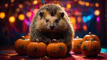 A hedgehog surrounded by small pumpkins in a festive setting. photo
