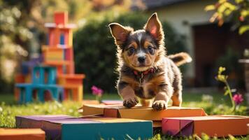 A playful puppy runs through a colorful outdoor setting filled with building blocks. photo