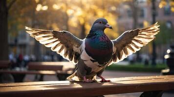 A pigeon with wings spread, perched on a bench against a backdrop of autumn foliage. photo