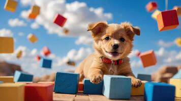 A playful puppy surrounded by colorful blocks against a bright sky. photo
