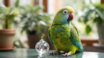 A colorful parrot sits beside a crystal ornament in a bright, green-filled environment. photo