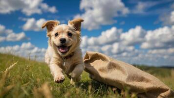 A playful puppy runs happily across a grassy field under a blue sky with fluffy clouds. photo