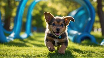 A playful puppy runs joyfully through a park with colorful tunnels in the background. photo