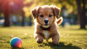 A playful puppy running towards a colorful ball in a sunlit park. photo