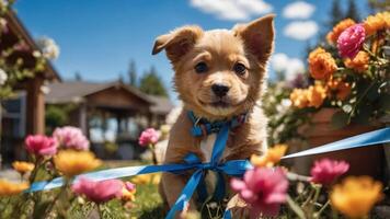 A cute puppy sitting in a garden surrounded by colorful flowers and a blue ribbon. photo