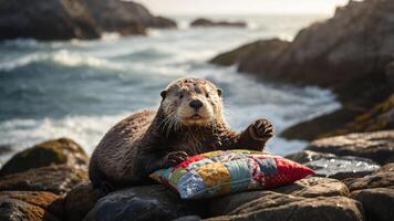 A playful otter rests on a colorful pillow by the ocean, showcasing a serene coastal scene. photo