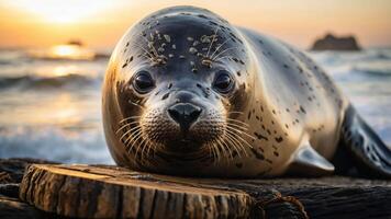A close-up of a seal lounging on a log by the ocean during sunset. photo
