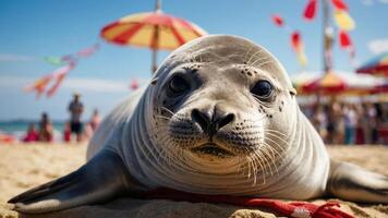 A seal lounging on a sandy beach with colorful umbrellas in the background. photo