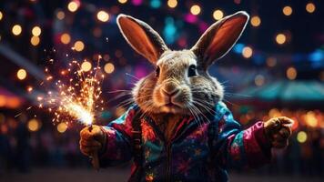 A whimsical rabbit in a colorful jacket holds a sparkler against a festive backdrop. photo