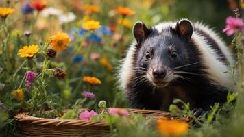 A cute animal with a distinctive coat rests among colorful flowers in a serene garden setting. photo