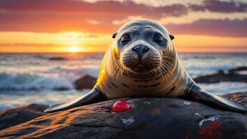A seal resting on a rock at sunset, with waves crashing in the background. photo