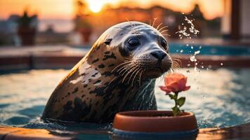 A seal curiously interacts with a rose in a tranquil pool at sunset. photo