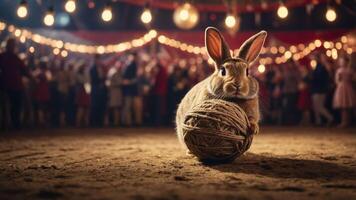 A rabbit sits on a ball of yarn in a lively, festive atmosphere with people in the background. photo