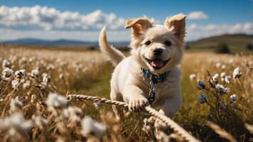 A playful puppy joyfully runs through a field, tugging on a rope. photo