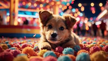 A cute puppy lying on colorful pom-poms at a vibrant carnival scene. photo