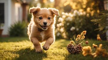 A playful puppy running through a garden with flowers and pinecones in the sunlight. photo