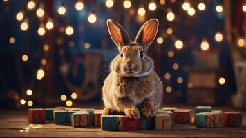 A cute rabbit sits on colorful blocks with warm lights in the background. photo