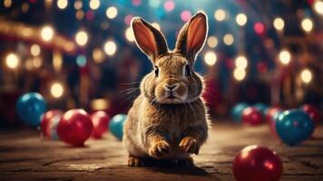 A cute rabbit in a festive setting with colorful balloons and lights. photo