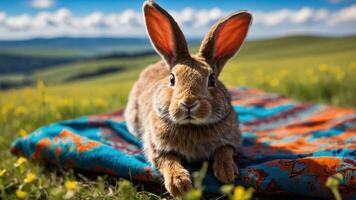 A rabbit resting on a colorful blanket in a vibrant, natural landscape. photo