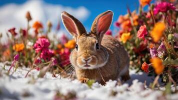 A rabbit exploring a colorful flower field in a snowy landscape. photo