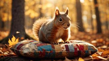 A squirrel perched on a colorful cushion amidst autumn leaves. photo