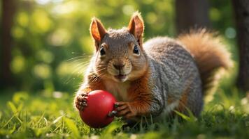 A playful squirrel holds a red ball in a sunlit grassy setting. photo