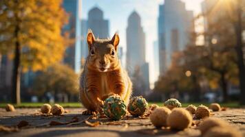 A squirrel playfully interacts with colorful balls in an urban park during autumn. photo