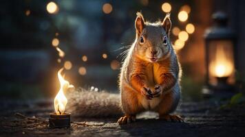 A squirrel stands near a candle, illuminated by warm light and surrounded by a bokeh background. photo