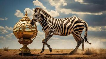 A zebra interacts with an ornate globe in a dramatic landscape under a cloudy sky. photo