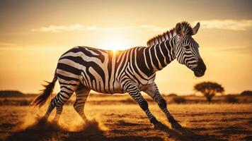A zebra gallops across the savannah at sunset, creating a dramatic silhouette against the sky. photo