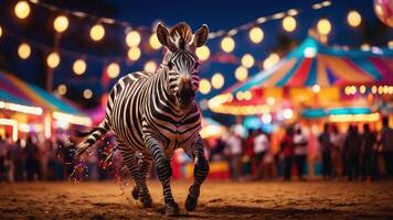 A zebra runs through a vibrant carnival scene at night, surrounded by colorful lights and festivities. photo