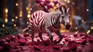 A zebra with vibrant red stripes walks through a whimsical scene filled with scattered fruit. photo