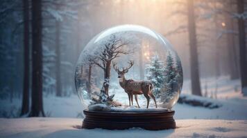 A serene snow globe featuring a deer in a winter forest scene. photo