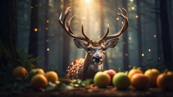 A serene deer in a forest, surrounded by colorful fruits, illuminated by soft sunlight. photo