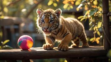 A playful tiger cub interacts with a colorful ball in a natural setting. photo