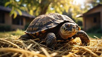 A close-up of a turtle resting on straw in a sunny outdoor setting. photo