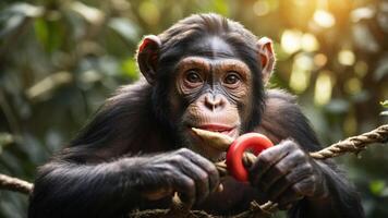 A young chimpanzee playfully holding a red toy while perched on a branch in a lush environment. photo