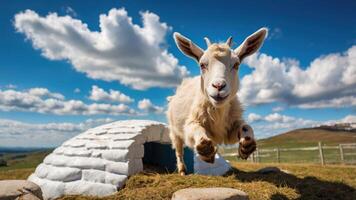 A playful goat leaps near a small igloo-like shelter under a bright blue sky. photo