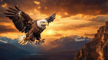 A majestic eagle soaring against a dramatic sunset backdrop over mountains. photo