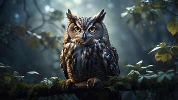 A majestic owl perched on a branch in a misty forest, showcasing its striking features. photo