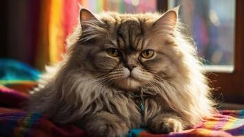 A fluffy Persian cat lounging on a colorful blanket by a window. photo