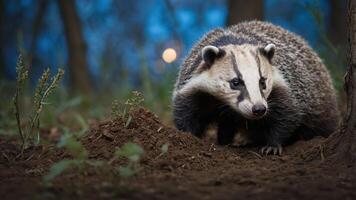 A badger foraging in a forest at dusk, highlighting wildlife in its natural habitat. photo