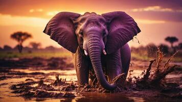 An elephant splashes in a muddy waterhole at sunset, showcasing wildlife beauty. photo