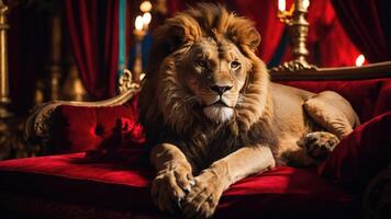 A majestic lion lounging on a luxurious red sofa in an opulent setting. photo