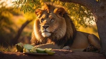 A lion resting under a tree with a plate of fruits nearby in a serene environment. photo