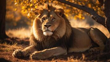 A majestic lion resting under a tree in a serene, autumn landscape. photo