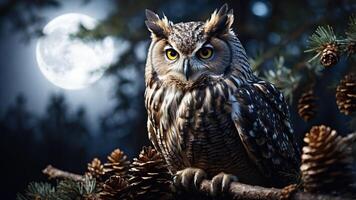 A majestic owl perched on a branch under a full moon, surrounded by pine cones and trees. photo